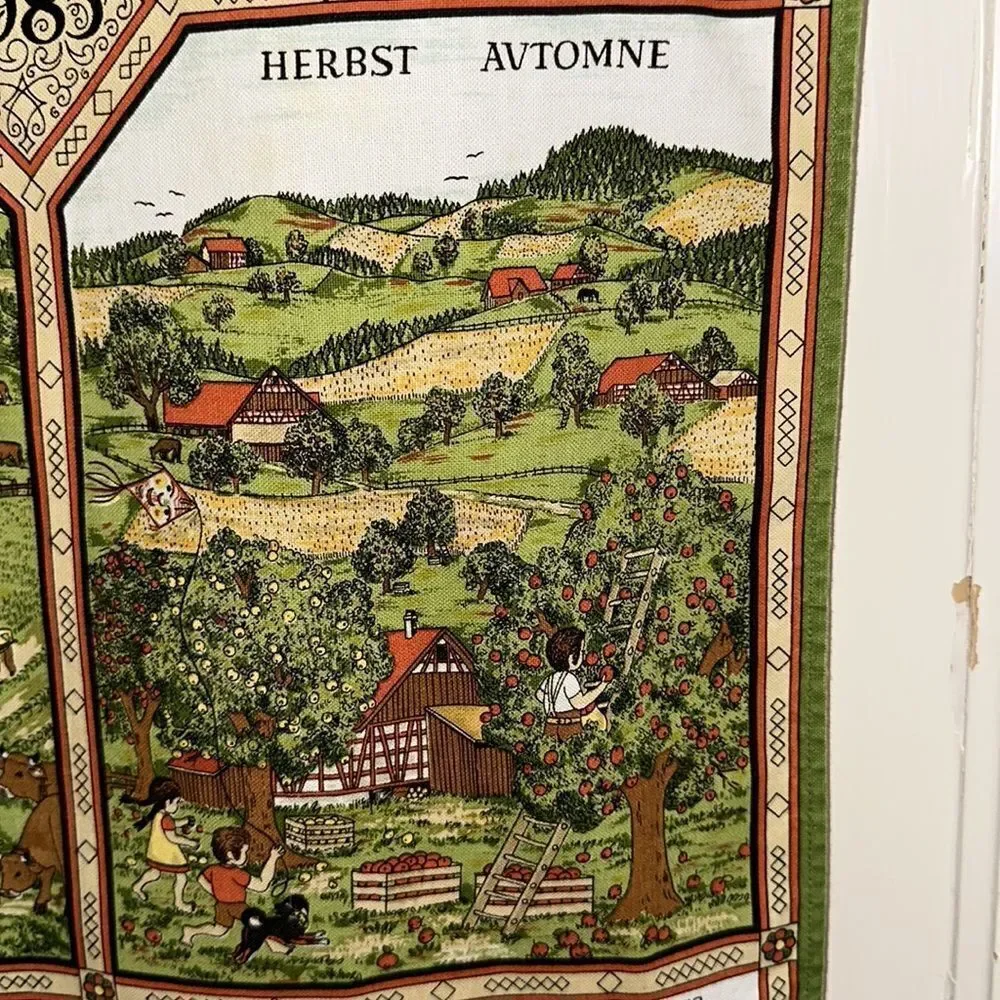 Vintage 1985 Alba cotton calendar‎ tea towel/European scenes of the four seasons